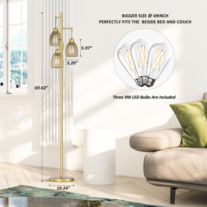 Milene 70" Tree Floor Lamp with 3 Bulbs Included, Gold
