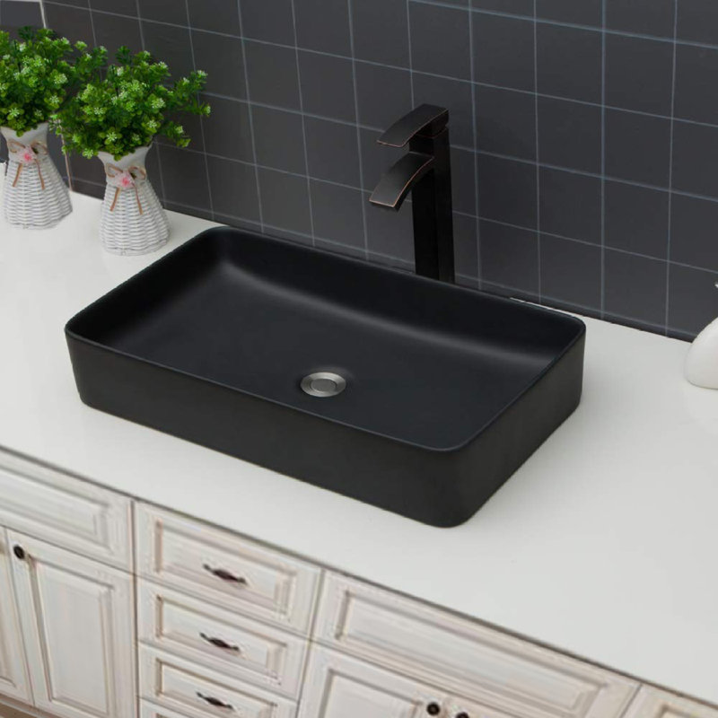 24"X13.5" Black Ceramic Rectangular Vessel Bathroom Sink