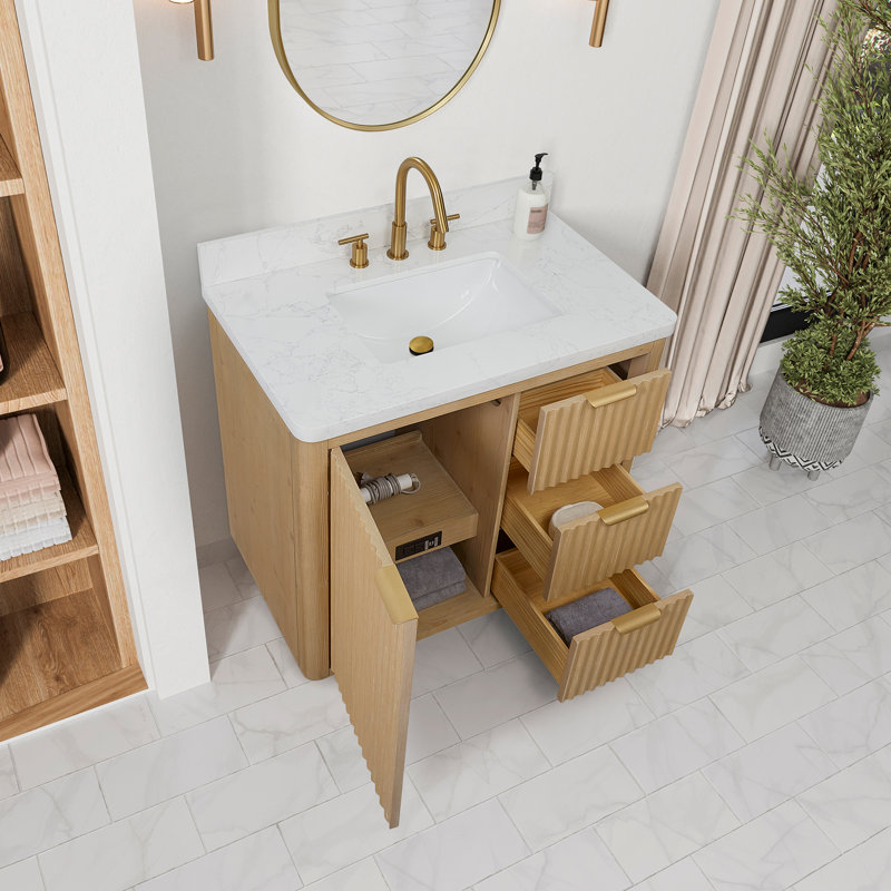 Ensemble de meuble-lavabo simple 36 "avec miroir Adela, Blanc, Or, Brun