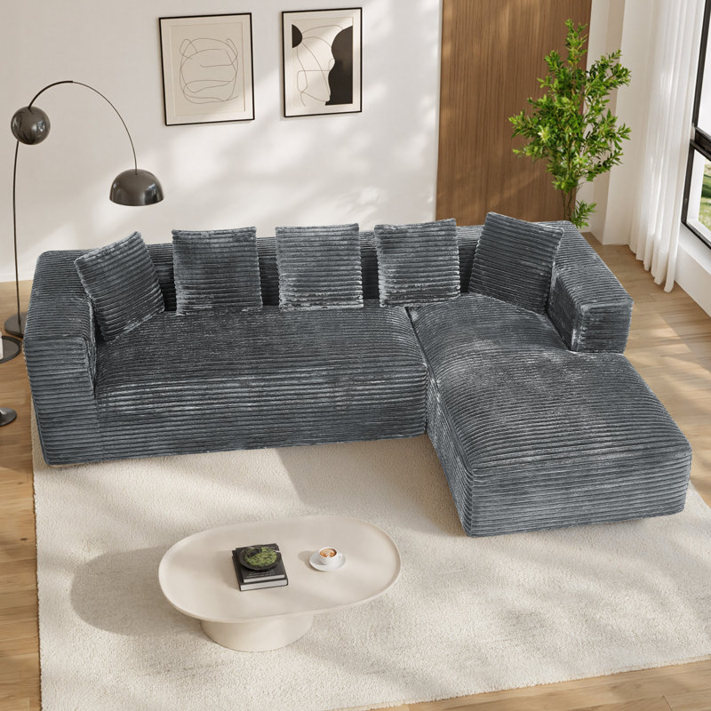 Canapé modulaire surdimensionné avec coussins Adame Boneless Compression, Velours côtelé gris, Forme en L, Face à la droite
