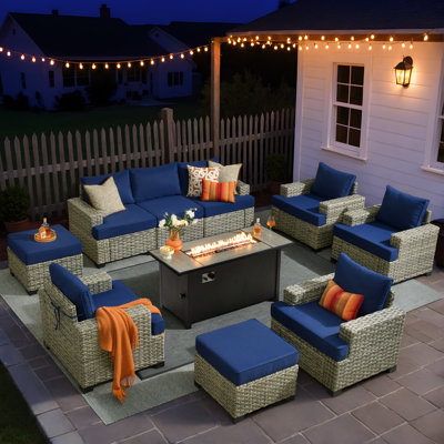 Sturgill 10-Piece Modular Patio Sectional Sofa Set with Armchairs And Ottomans,Outdoor Seating Group with Rectangular Fire Pit Table