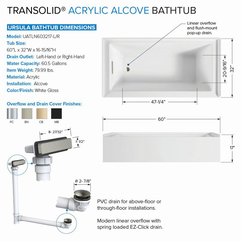 Transolid Unity AFR 60-in x 32-in x 17-in Alcove Acrylic Bathtub Kit, White, Left, Brushed Nickel