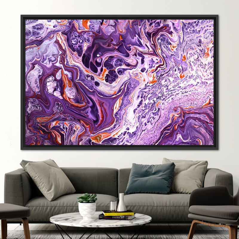 Art moderne abstrait à l'encre alcoolique sur toile en mauve éclatant - Design contemporain en marbre, H 41 po x l 94 po