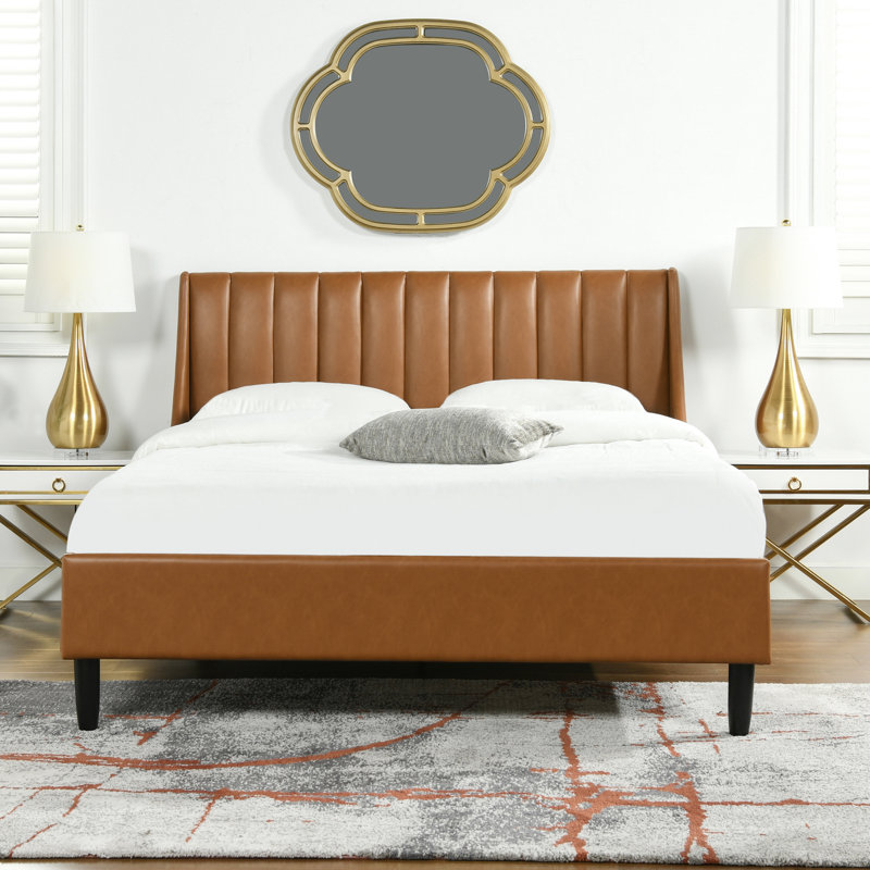 Helaina Upholstered Wingback Bed, Queen, Caramel Tan Brown Faux Leather