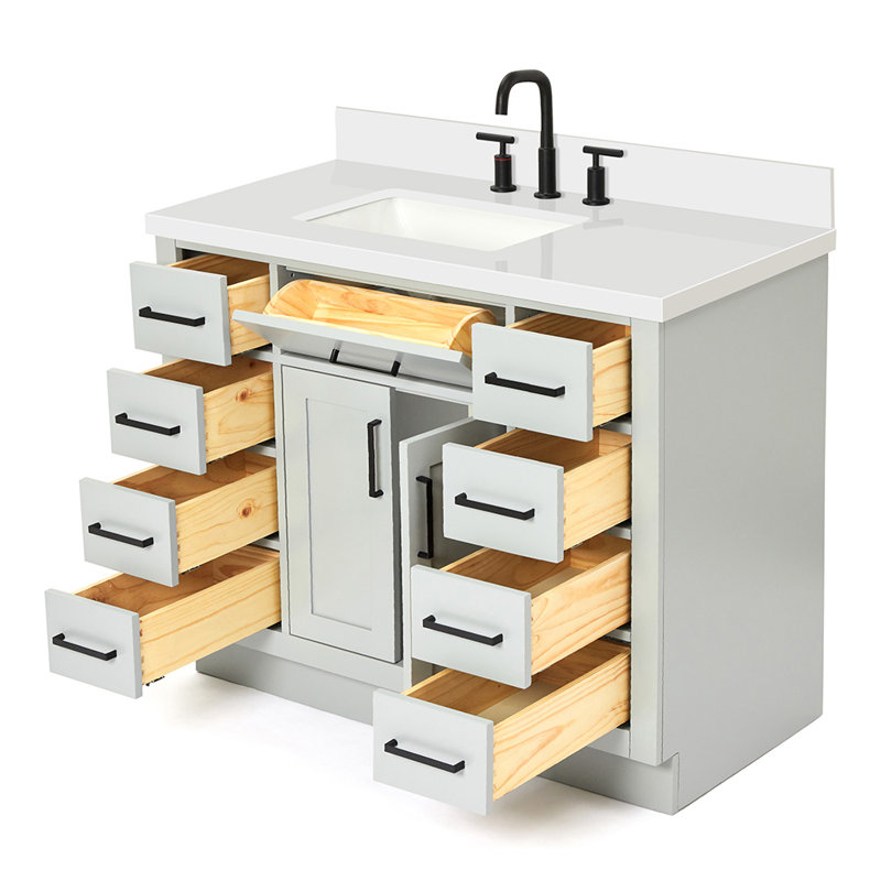 Tidworth 42' Solid Wood Single Bathroom Vanity with 1.5' White Quartz Top, Forme rectangulaire, Gris / noir mat