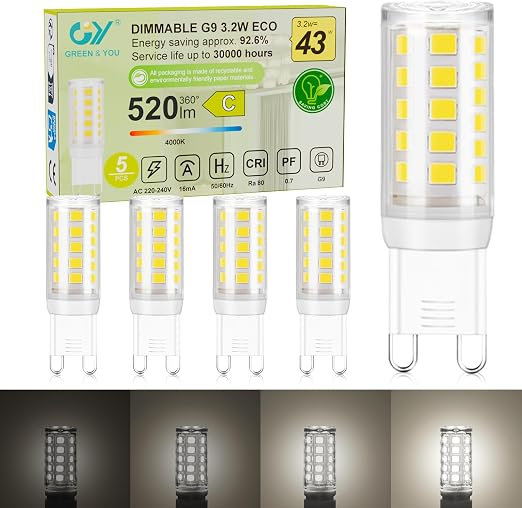 GY G9 LED Lamp Dimmable Neutral White 4000K, 3.2W Equivalent to 43W, 520 Lumens, LED Light Bulb, Energy-Saving Mini Light Bulb, No Flickering, LED Bulb for Indoor Lighting, 10 PCS