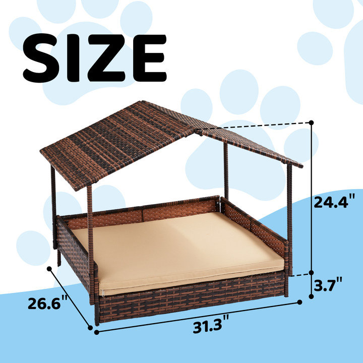 Medium Brown Wicker Elevated Dog House with Cushion