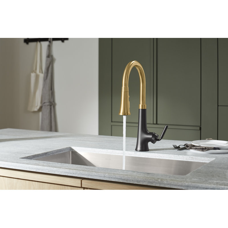 Tone Touchless Pull-Down Kitchen Sink Faucet with Three-Function Sprayhead, Matte Black/Moderne Brass