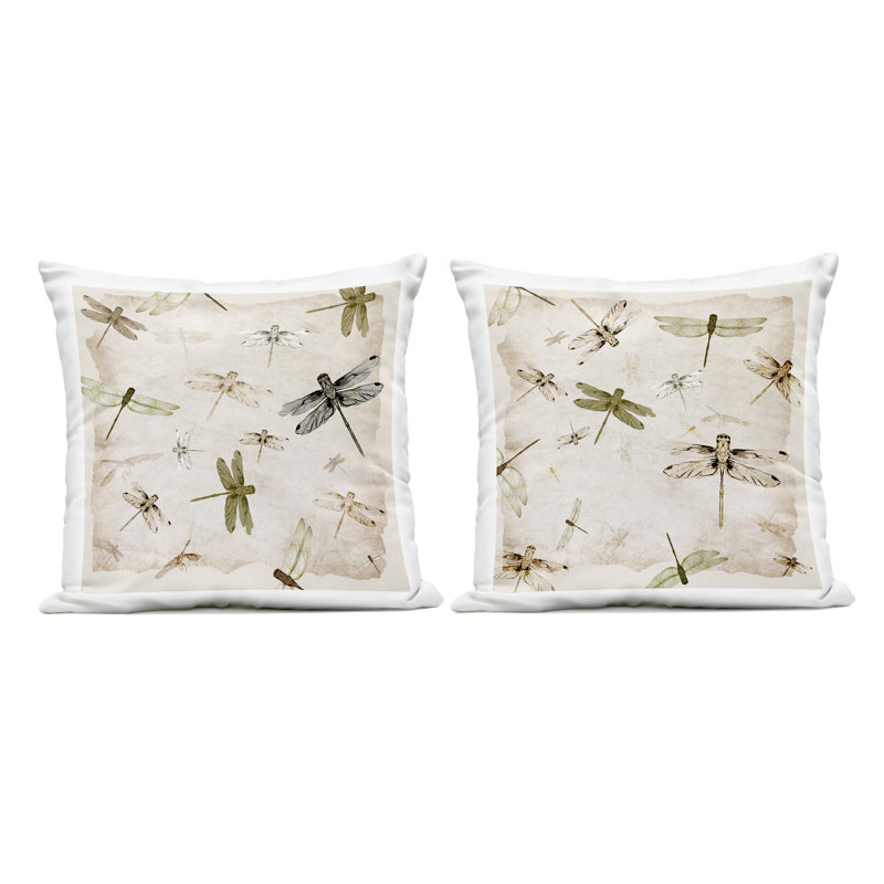 Ensemble de 2 coussins décoratifs pour l'extérieur Graceful Dragonflies, Libellules beiges, H 18 po x l 18 po
