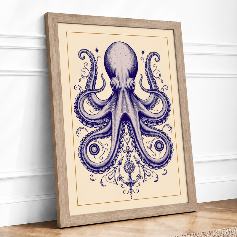 Symmetrical Octopus Japandi - Framed Print, A4 - 29.7 x 21.0 cm, Oak