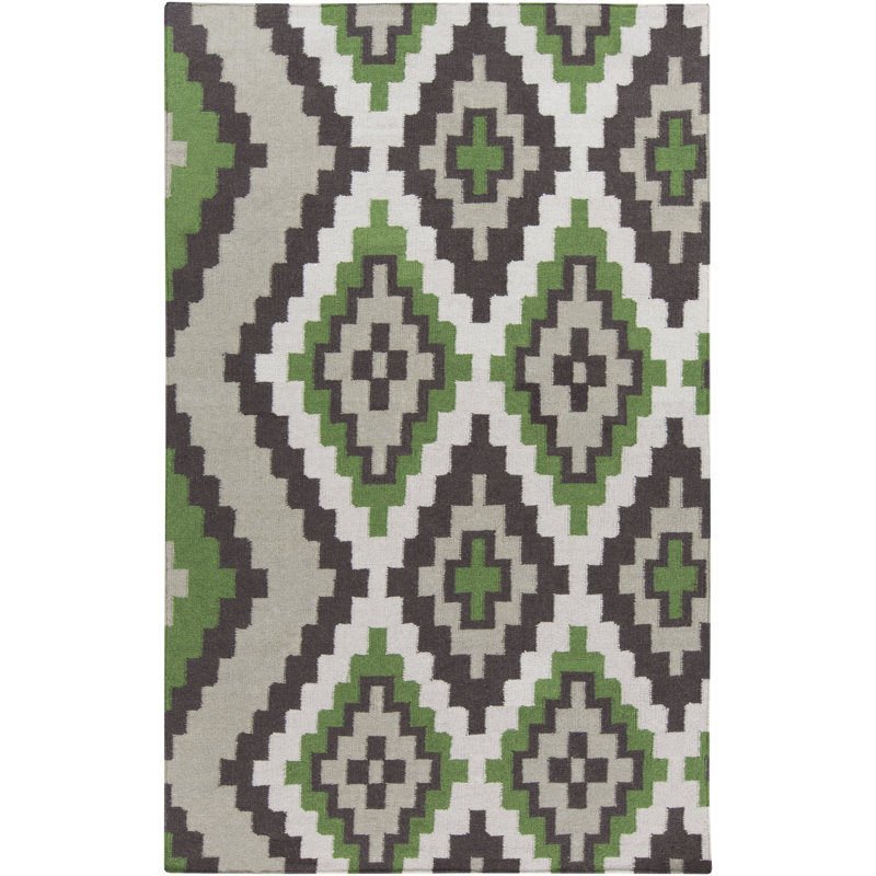 Tapis noir / vert / gris en laine tissé à la main Alameda Southwestern, Rectangle 3 pi 3 po x 5 pi 3 po