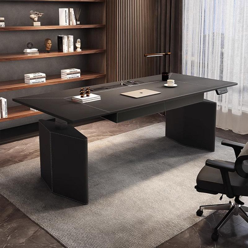 Modern Luxury Black Saddle Leather Dual-Motor Electric Standing Desk With Double Drawers And Built-In Power Outlets