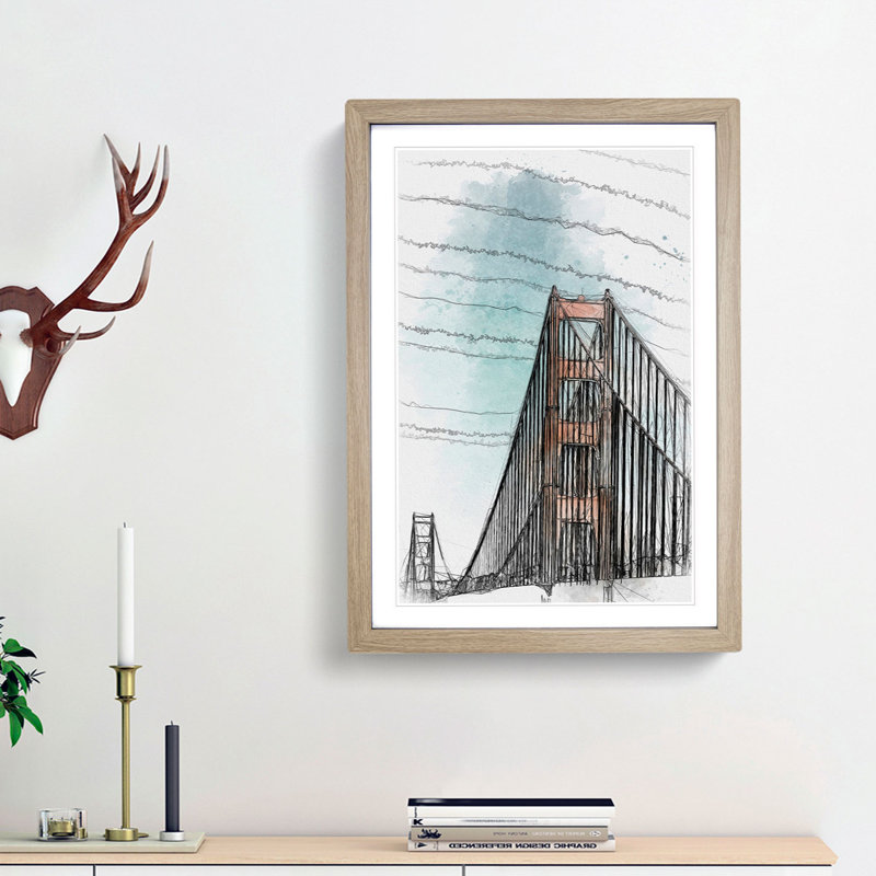The Golden Gate Bridge Abstract Art - Picture Frame Graphic Art Print, 65cm H x 48cm W x 2cm D, Oak Framed