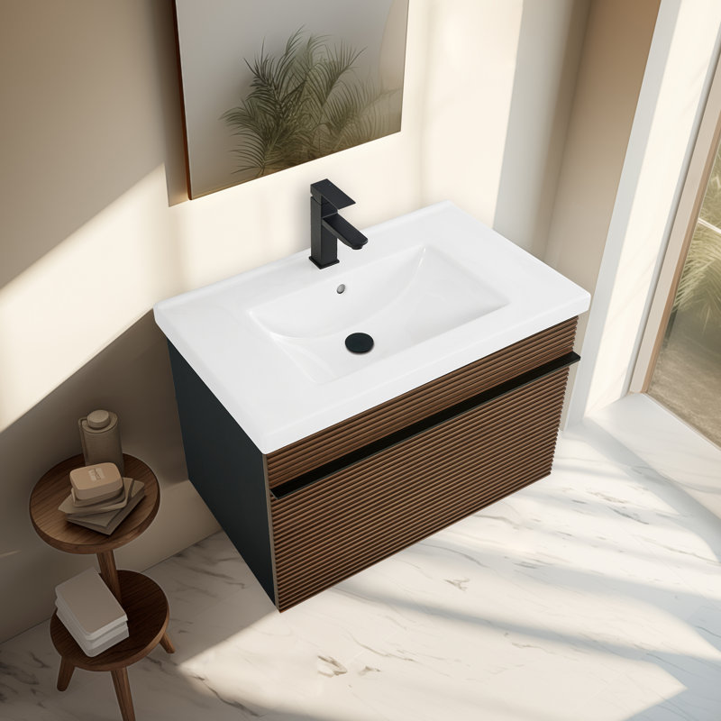 Barham 30" Floating & Wall-Mounted Single Bathroom Vanity In Shadow Walnut With Ceramic Integrated Sink And Countertop
