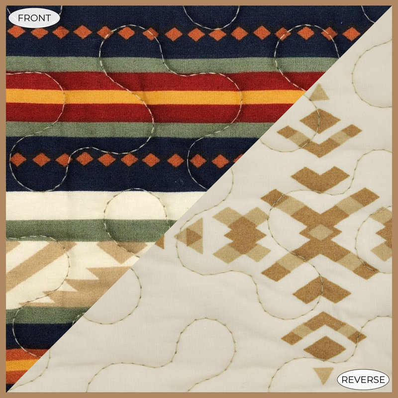 Del Sol Red/Orange/Tan Aztec Print Cotton Southwestern Style Reversible Quilt Set, Queen Quilt + 2 Shams