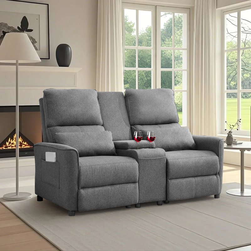 Manual Push Back Reclining Loveseat Sofa With Center Console Cup Holders  for Living Room Gray Linen