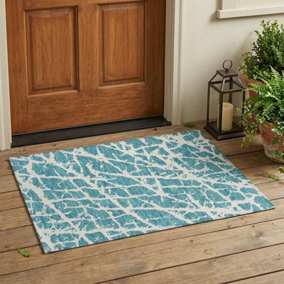 2' X 3' Teal Abstract Washable Non Skid Indoor Outdoor Area Rug