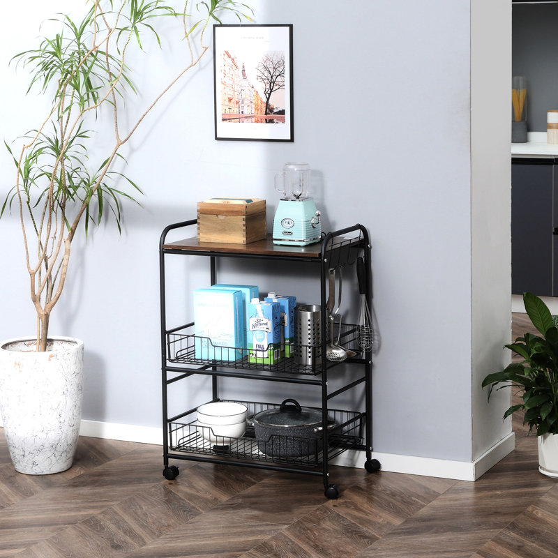 Chariot de cuisine à 3 niveaux avec rangement, 2 crochets coulissants et latéraux, noyer, polyvalent compact pour la cuisine, rangement dans la salle à manger et rangement idéal pour la salle de bain