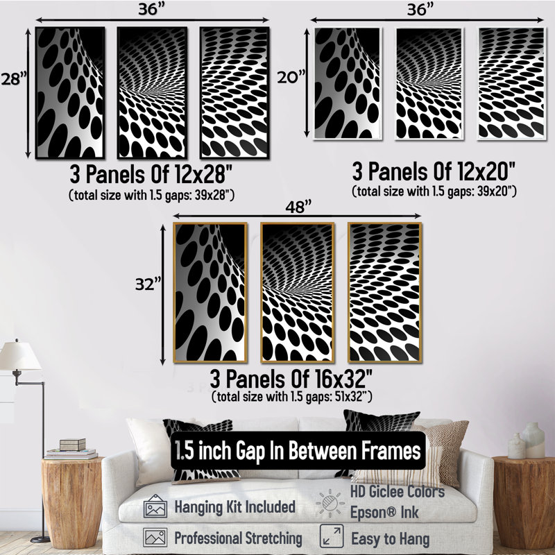 «Waves And Circles Black N White», 3 pièces, cadre flottant, impression sur toile, H 32 po x l 48 po, Or
