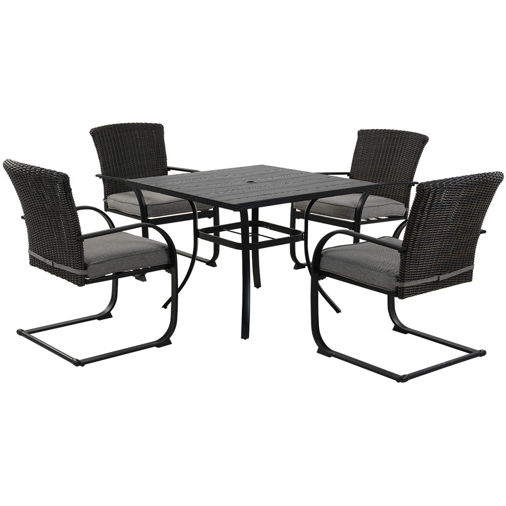 Outdoor Square Woodgrain Look Metal Dining Table And Wicker Chairs Set Of 5 Red Barrel Studio® Cushion 
