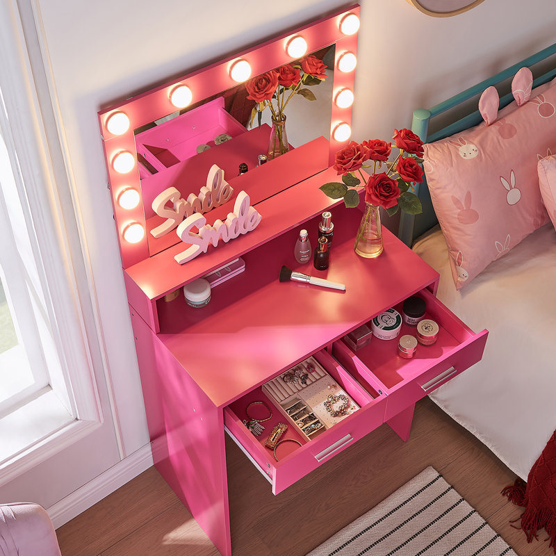 Ensemble de meuble-lavabo avec miroir et lumières réglables, avec de grands tiroirs et un rangement à plusieurs niveaux pour une chambre à coucher organisée