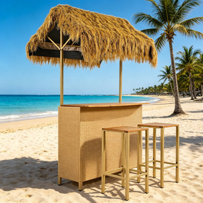 Ensemble de patio à hauteur de bar de style hawaïen, plateau en bois d'acacia avec auvent en gazon synthétique et pieds réglables, ensemble de tabourets de bar d'extérieur aux tons naturels