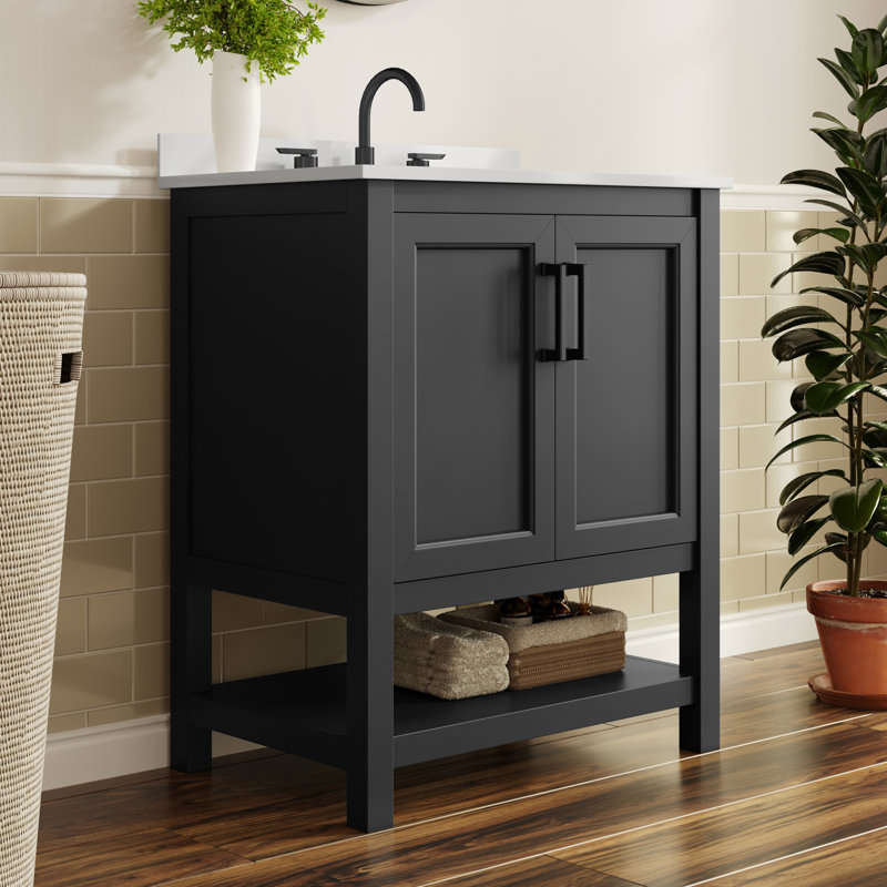 Ajmer 30'' Free-standing Single Bathroom Vanity with Undermount Sink and Open Storage Shelf, Matte Black, Black
