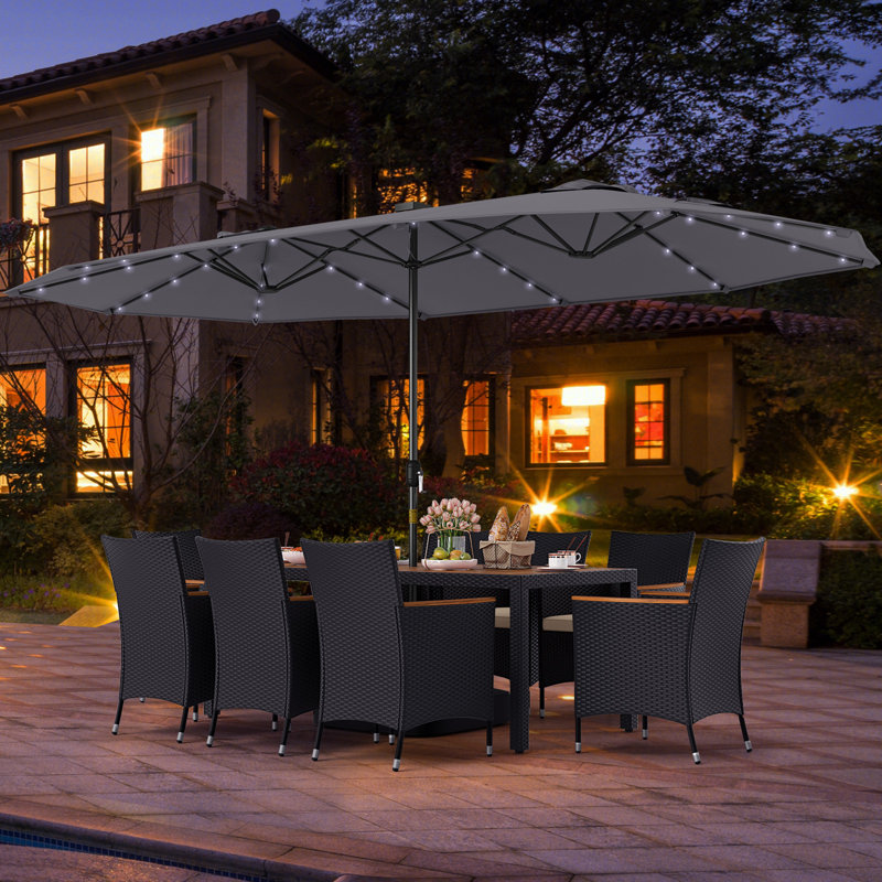 Set Of 11 Patio Dining Set w/ 15ft Double-Sided Patio Umbrella (Base Included) Gray, Beige, Gray