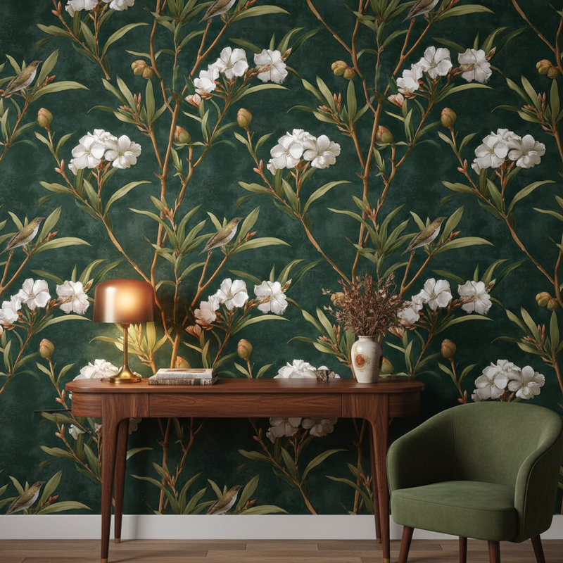 Papier peint floral, oiseau mural, décoration murale verte