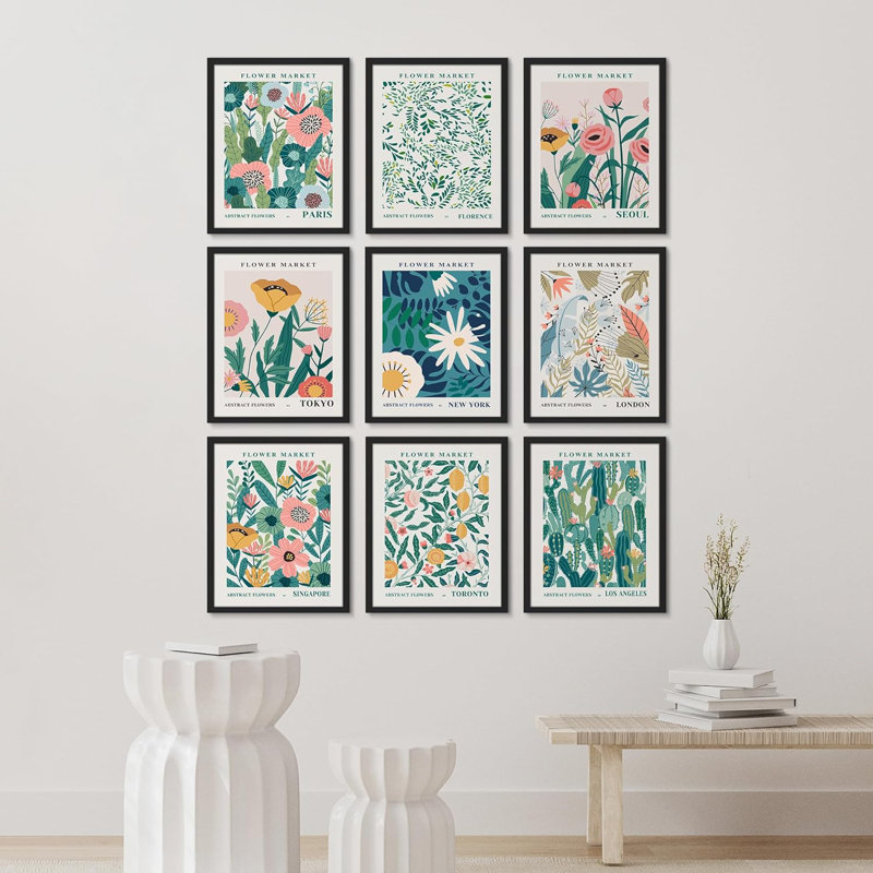 «Flower Market Abstract Floral Botanical Modern City Prints», art minimaliste encadré sur papier, 9 pièces, Cadre noir