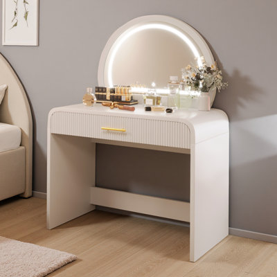 39" Modern Makeup Vanity Desk W/ Touch Led Mirror, Storage Drawer – Curved Safety Design, Convertible To Workspace
