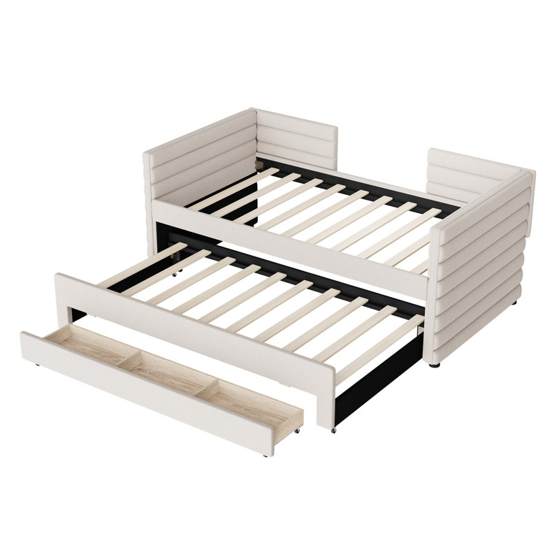 Twin Size Upholstered Daybed With Trundle And 3 Storage Drawers, Short-Haired Linen Fabric Sofa Bed For Guest Room, Living Room, Space-Saving Modern Day Bed Frame, No Box Spring Needed, Beige