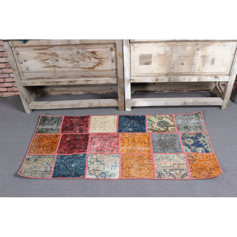 Small Patchwork Rug in Retro Orange Wool Ideal for Entryway Aesthetically Pleasing Anatolian Turkish Design Transforms Your Home into a Vintage Wonderland