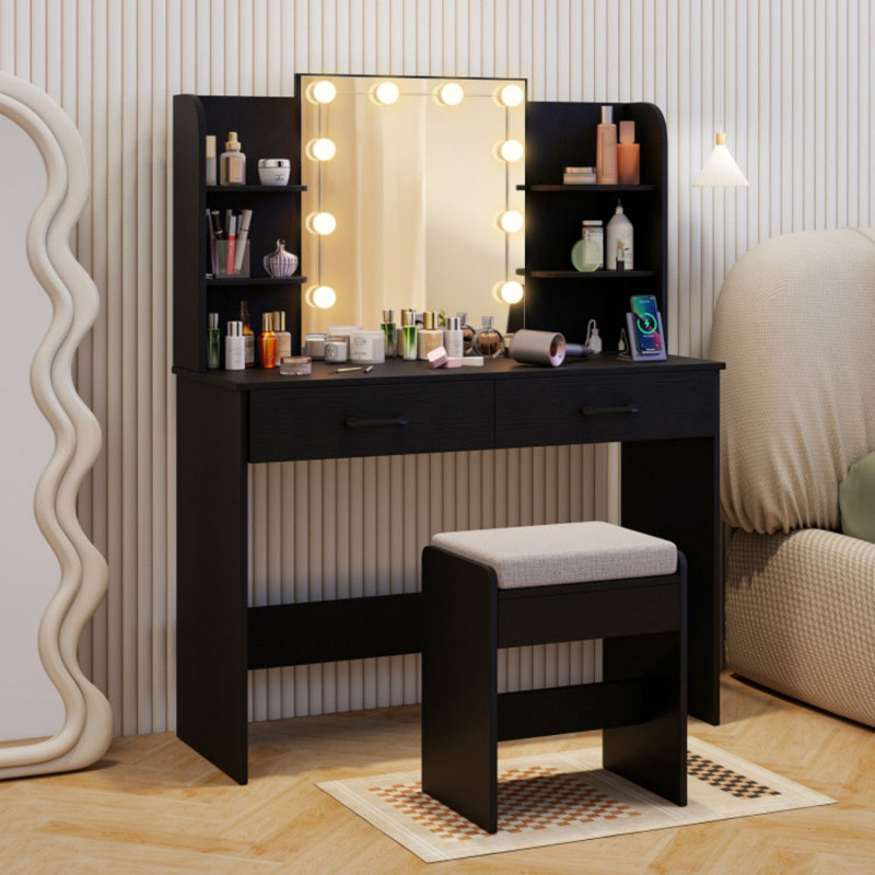 Vanity Set with Lighted Mirror and Stool with Power Outlet, Black