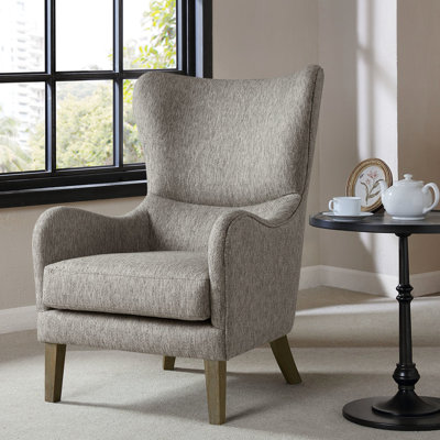 Swoop Wing Back Chair With Round Arm, Piping Detail, Solid Wood Legs, High Foam Cushion In Grey For A Elegant Seating Option Cushion, Edge And Upholstery Stylish Deck