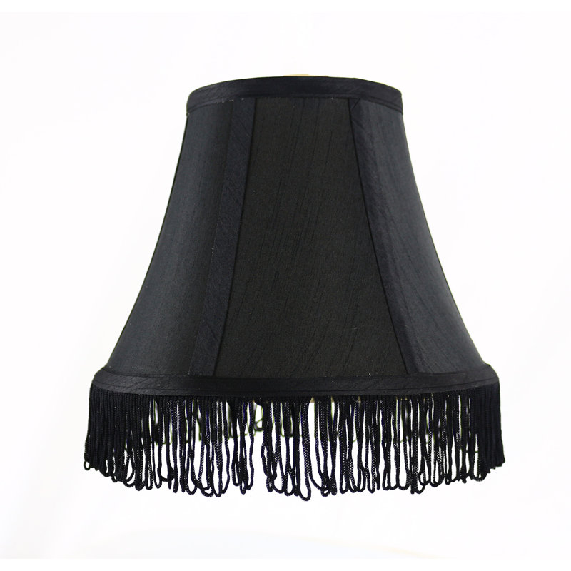 Abat-jour cloche en soie / shantung H 7 po x l 9 po (araignée), Noir avec une frange noire