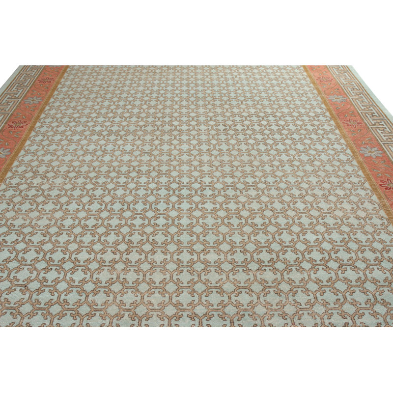 Distressed Homage Hand Knotted Wool Geometric Area Rug in Blue, Orange, Red, Beige, Brown, Rectangle 6' x 9'