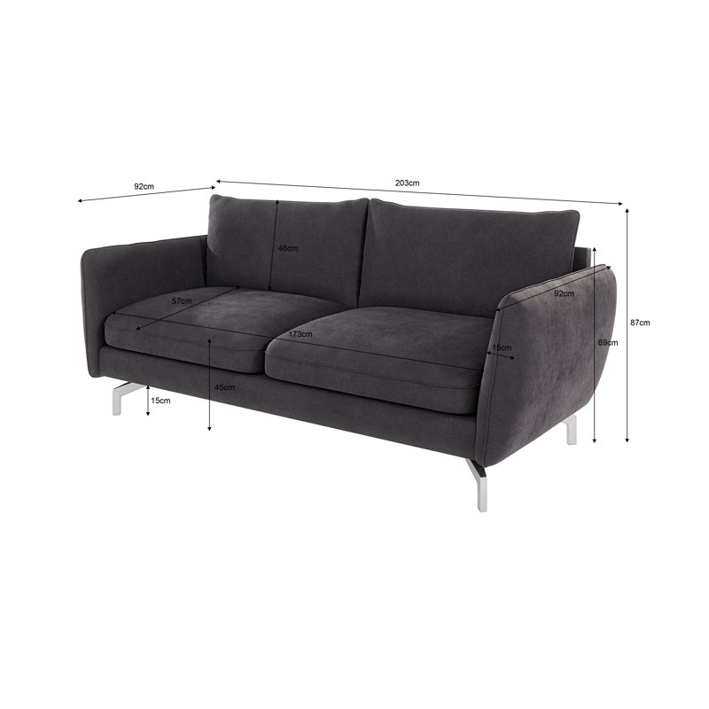 Modern Sofa 3 Seater  with Silver Metal Legs, Graphite