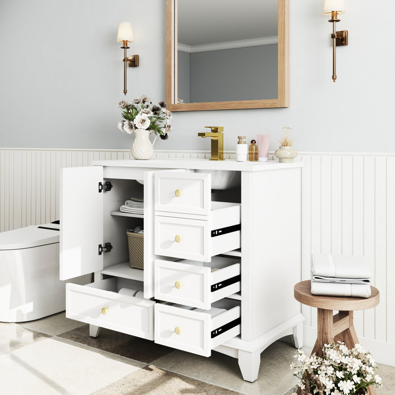 Meuble-lavabo de 35,6 po, style Mid-Century, autoportant, finition peinte, grand espace de rangement, lavabo profond, tablettes réglables, surface d'usure intégrée White Century, blanc, facile à installer
