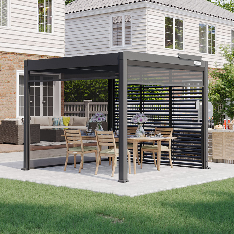 FlexPatio 10x10 Power+ Pergola W/ Motorized Roof + 3-side Shades & 1-side Shutter Wall, 10' W x 10' D