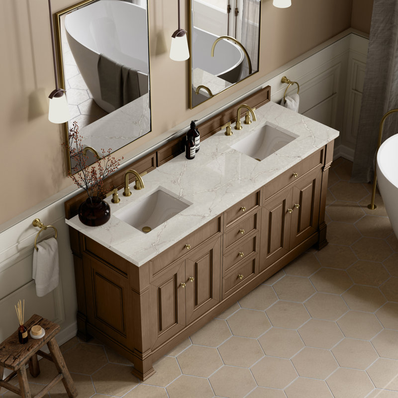 Meuble-lavabo double 72 po avec chargeur sans fil Freepower Brookfield, Pacanier, Argent victorien