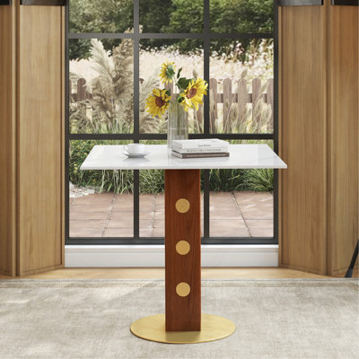Table de salle à manger moderne carrée, table en pierre frittée de 33,5 po avec pieds en bois et base dorée, table de cuisine pour 2 personnes pour petit espace, capacité de poids de 150 lb