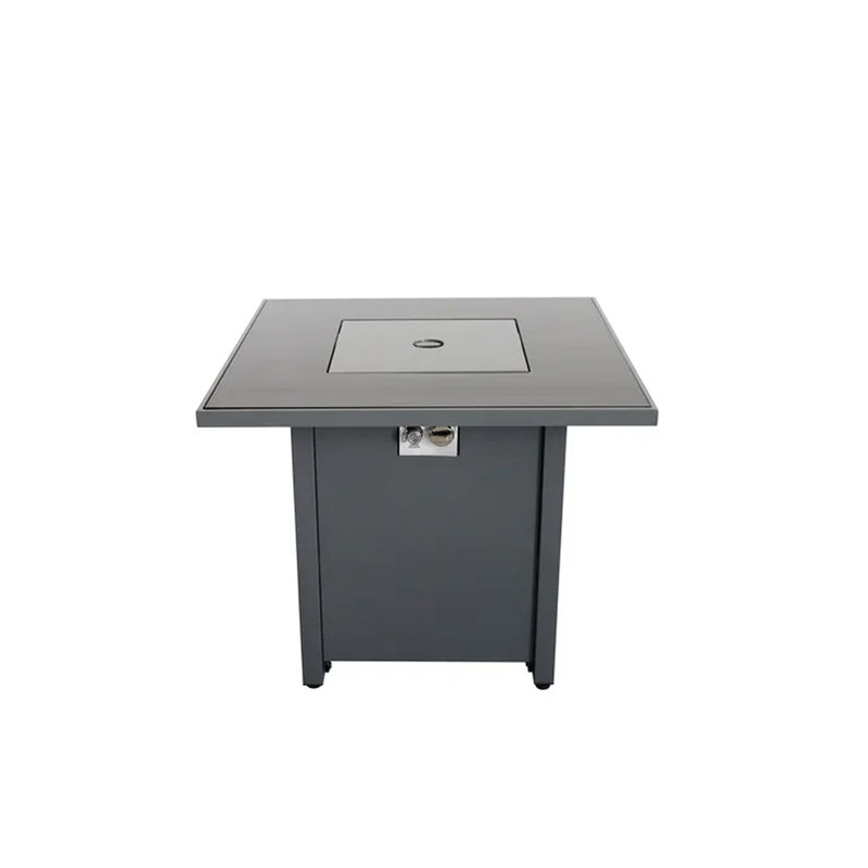 Foyer d'extérieur 30 po avec surface en verre fumé et structure en acier inoxydable - pierres chauffantes au propane / gaz naturel incluses Table carrée grise - D