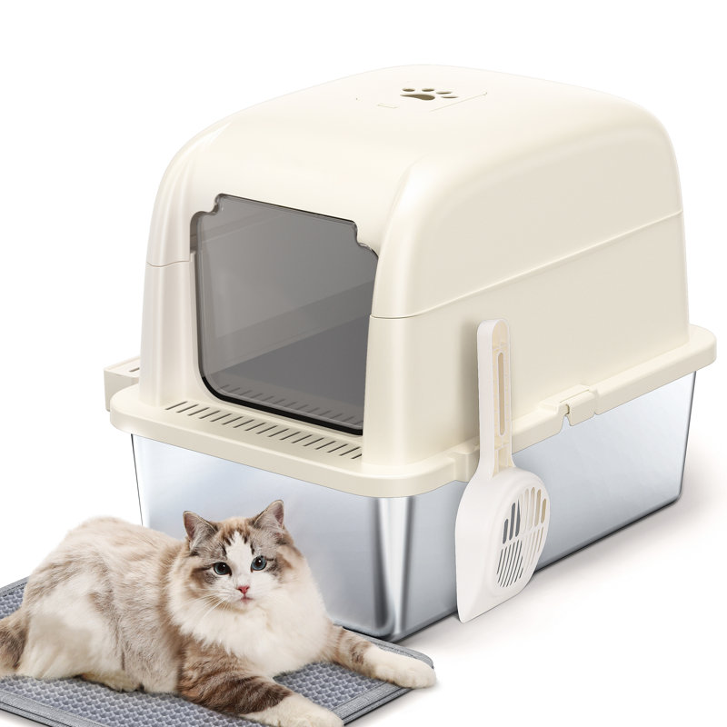 Litière pour chat extra large en acier inoxydable 81L avec pelle et tapis, anti-fuites, fermée, Blanc