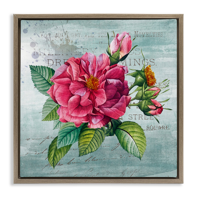 Fleur de jardin rose sur cadre flottant rustique, design par Susan Arnot, H 18 po x l 18 po, Cadre flottant orme Montalcino