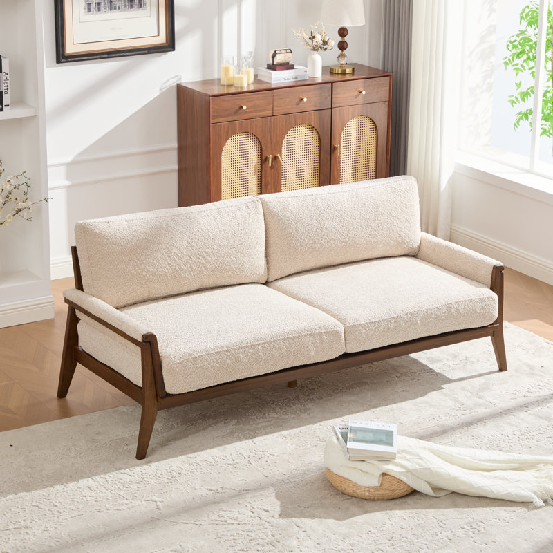 Elmont 3-Seater Mid-Century Modern Fabric Upholstered Sofa with Solid Wood Frame, Sesame