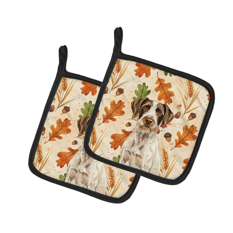 Liver and White German Wirehaired Pointer Heirloom Fall Pair of Pot Holders