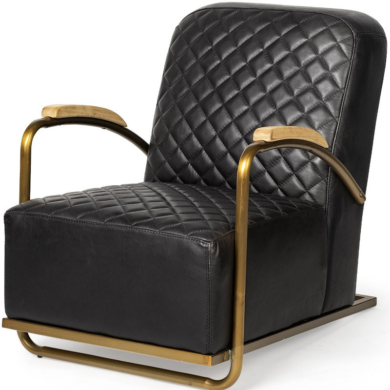  Chaise longue en cuir noir avec structure en métal doré