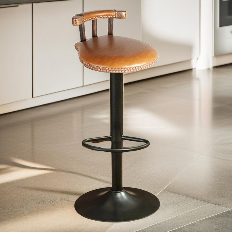 Benoist Rustic Industrial Vegan Leather, Swivel Adjustable Height Stool, Kitchen Barstools, Natural Brown