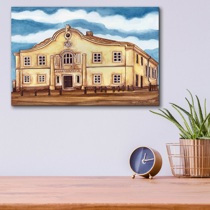 Art mural en verre rouge "Synagogue Telz Extérieur" par Andrea Strongwater, H 12 po x l 16 po x P 0,13 po